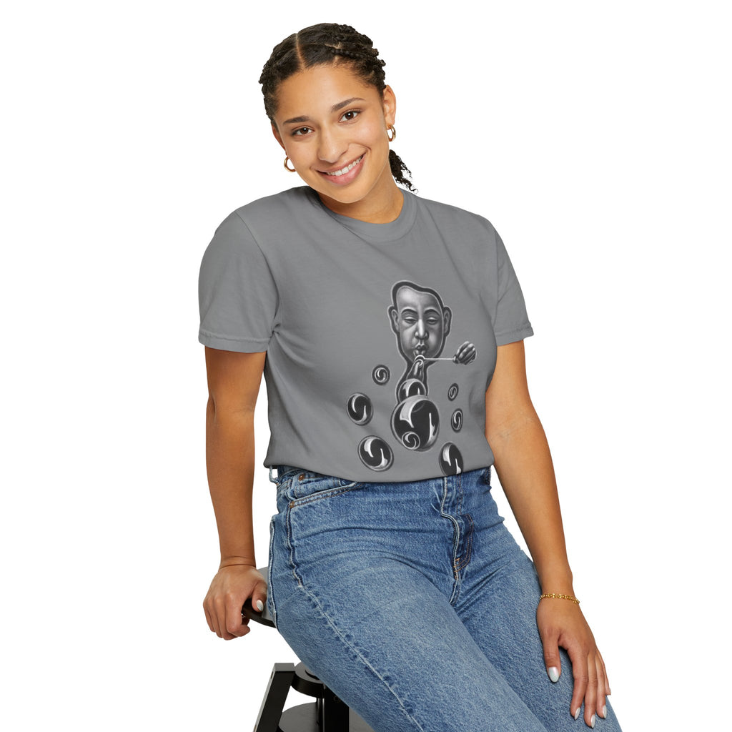 Surreal Bubble-Blower T-Shirt — Monochrome Vintage Face & Floating Orbs
