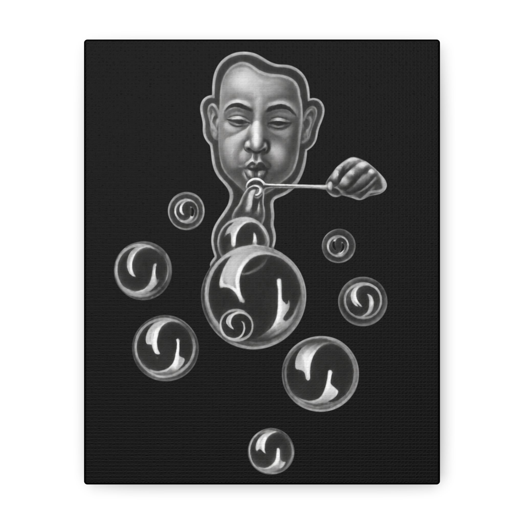 Surreal Bubble-Blower Matte Canvas Wall Art — Monochrome Pop Surrealism