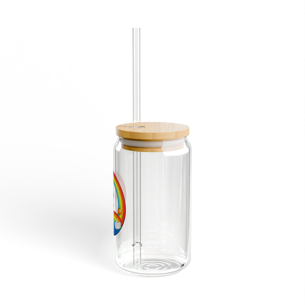 16oz Glass Sipper Cup — Rainbow Clown Design, Reusable Straw Tumbler