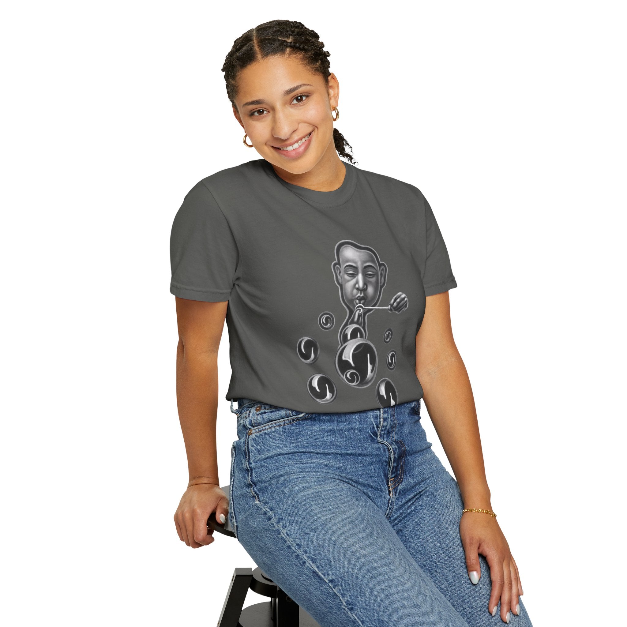 Surreal Bubble-Blower T-Shirt — Monochrome Vintage Face & Floating Orbs