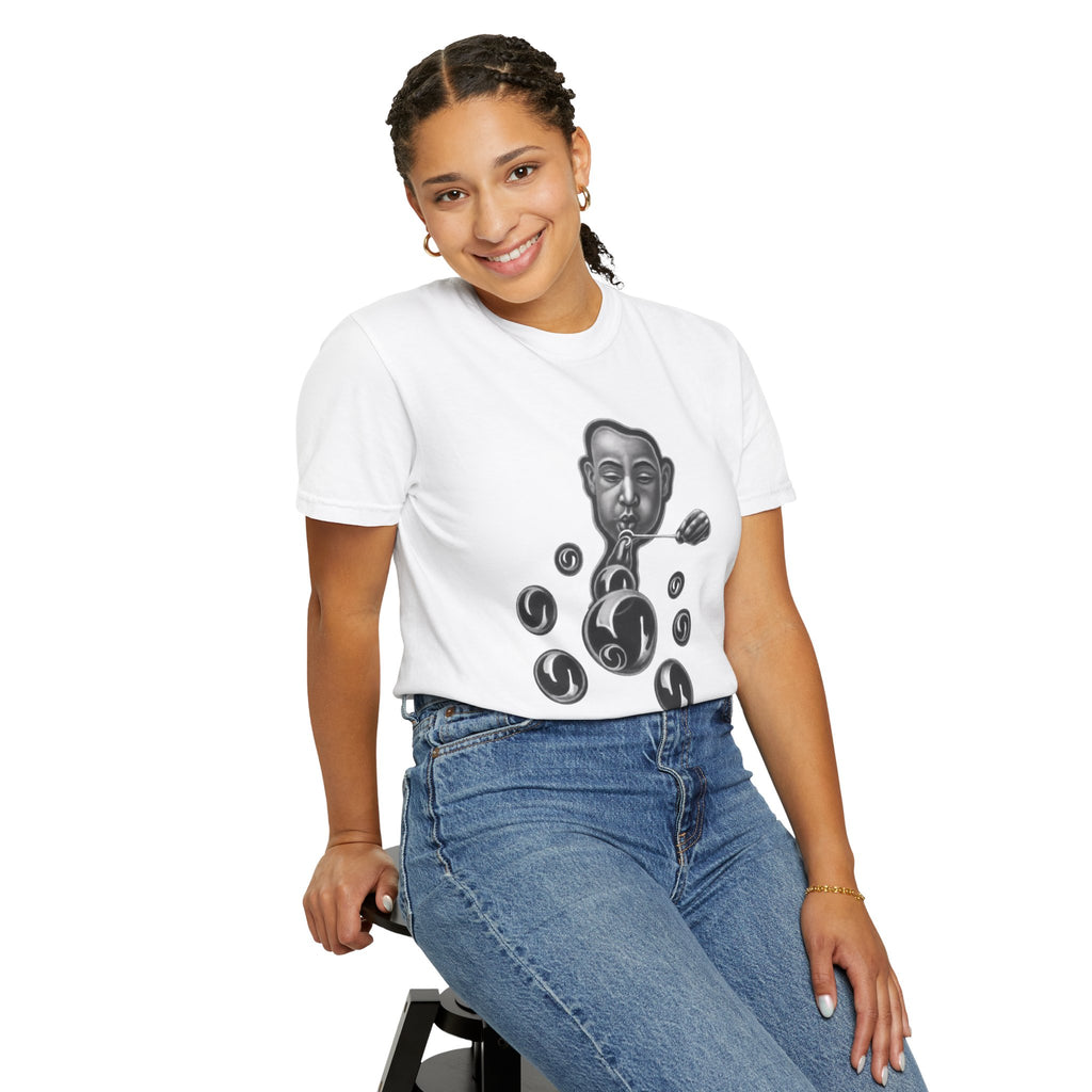 Surreal Bubble-Blower T-Shirt — Monochrome Vintage Face & Floating Orbs