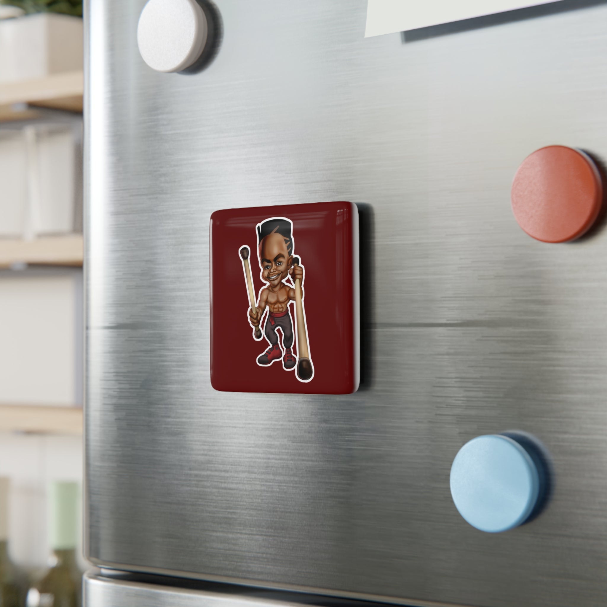Drumstick Warrior Porcelain Magnet — Funny Drummer Character Square Fridge Magnet