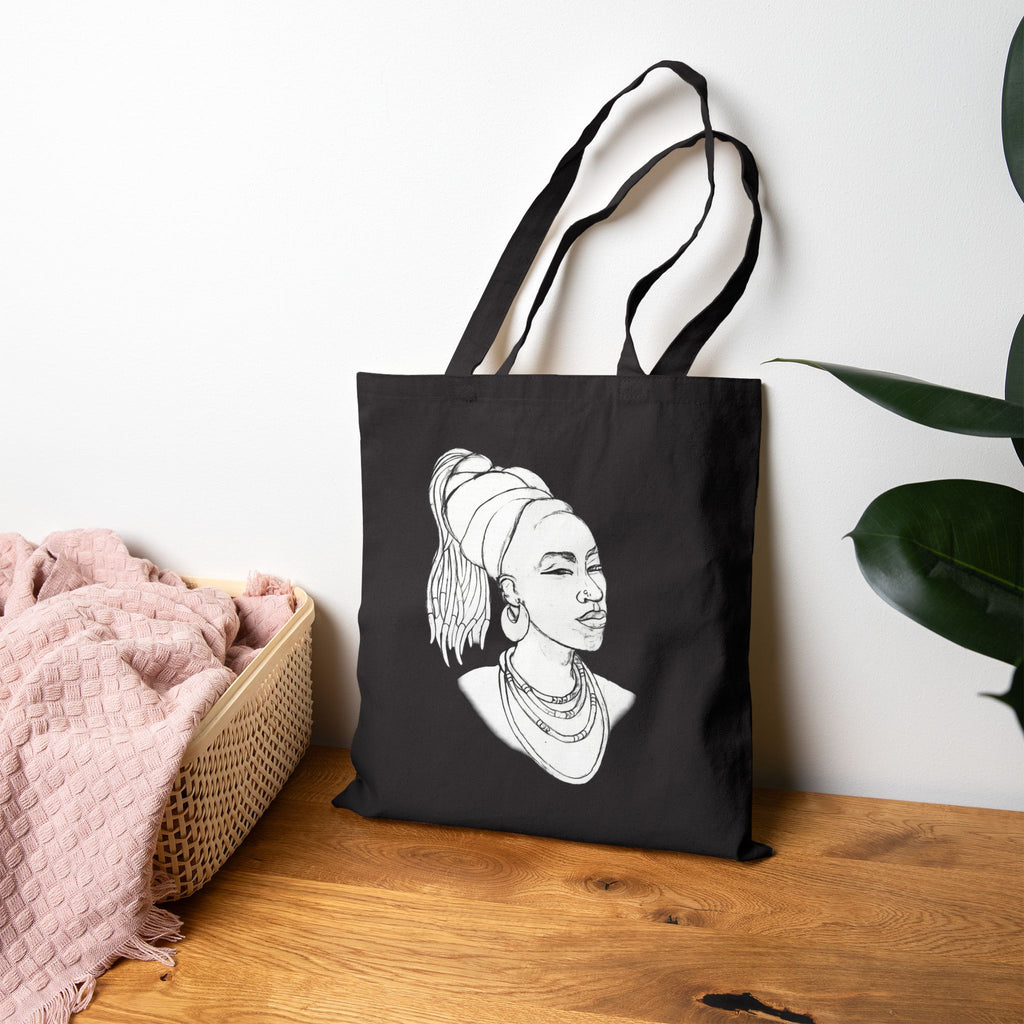 Canvas Tote Bag — Line Art African Woman Portrait Eco Shopper
