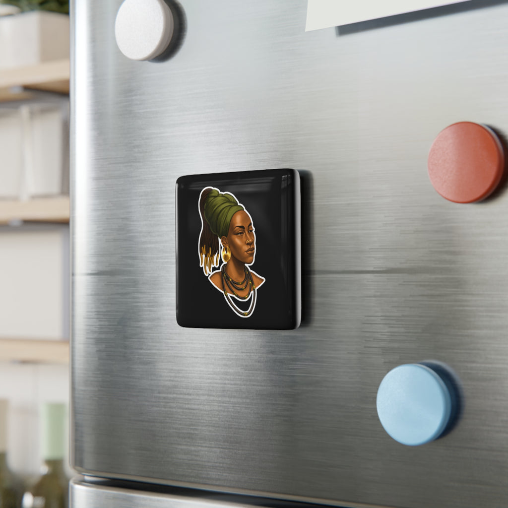 Afrocentric Woman Portrait Porcelain Square Magnet — Black Queen Headwrap Art