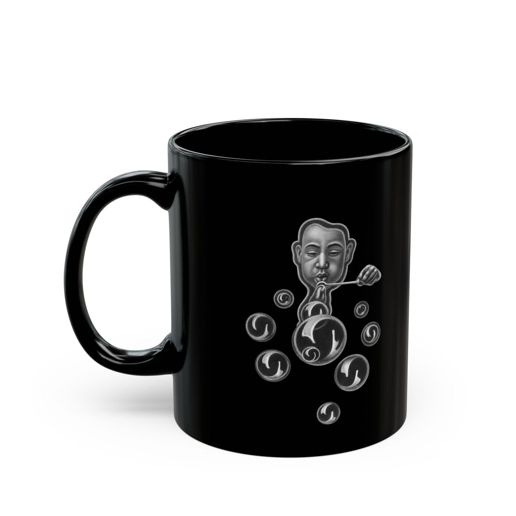 Black Ceramic Mug — Surreal Bubble-Blower Design (11oz & 15oz)