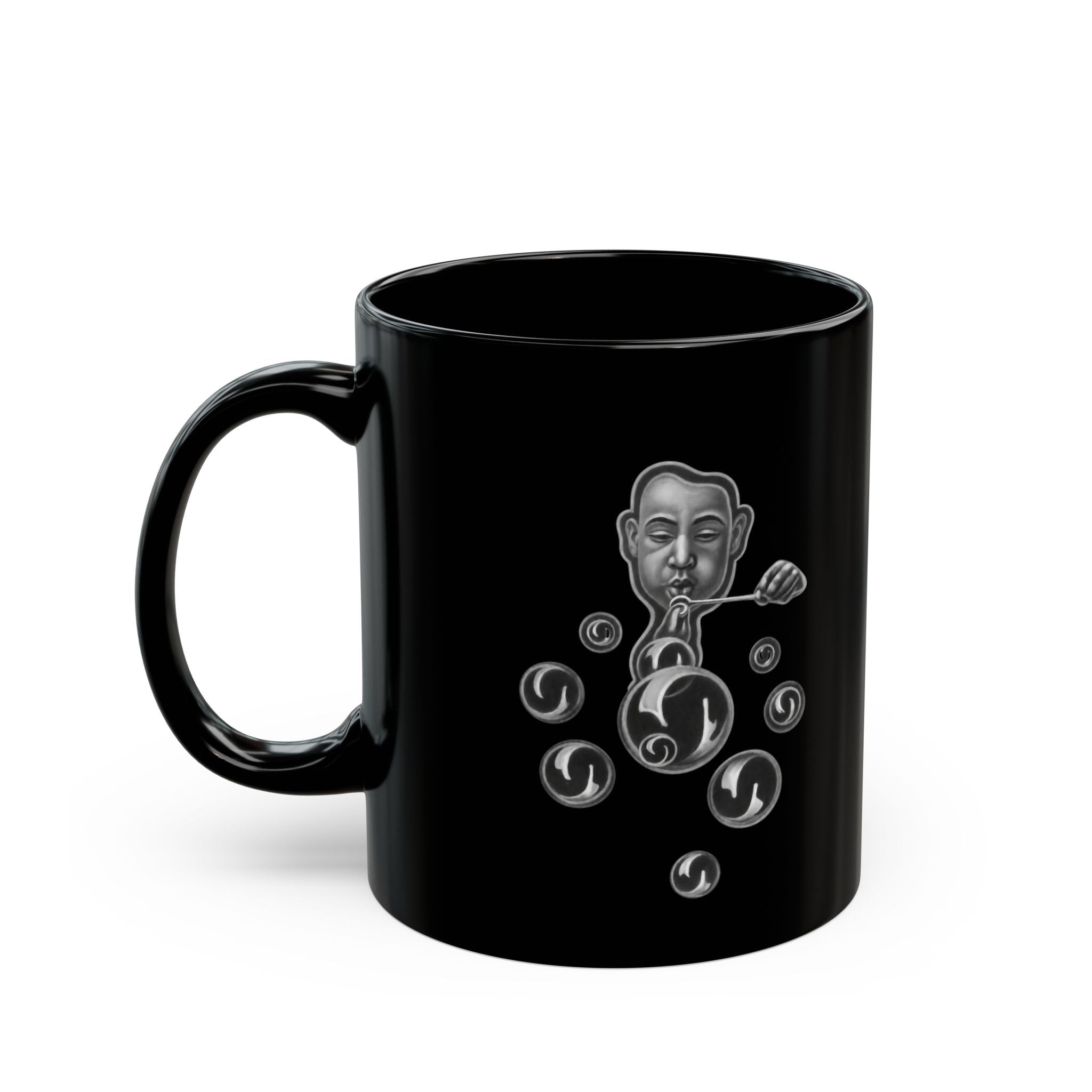 Black Ceramic Mug — Surreal Bubble-Blower Design (11oz & 15oz)