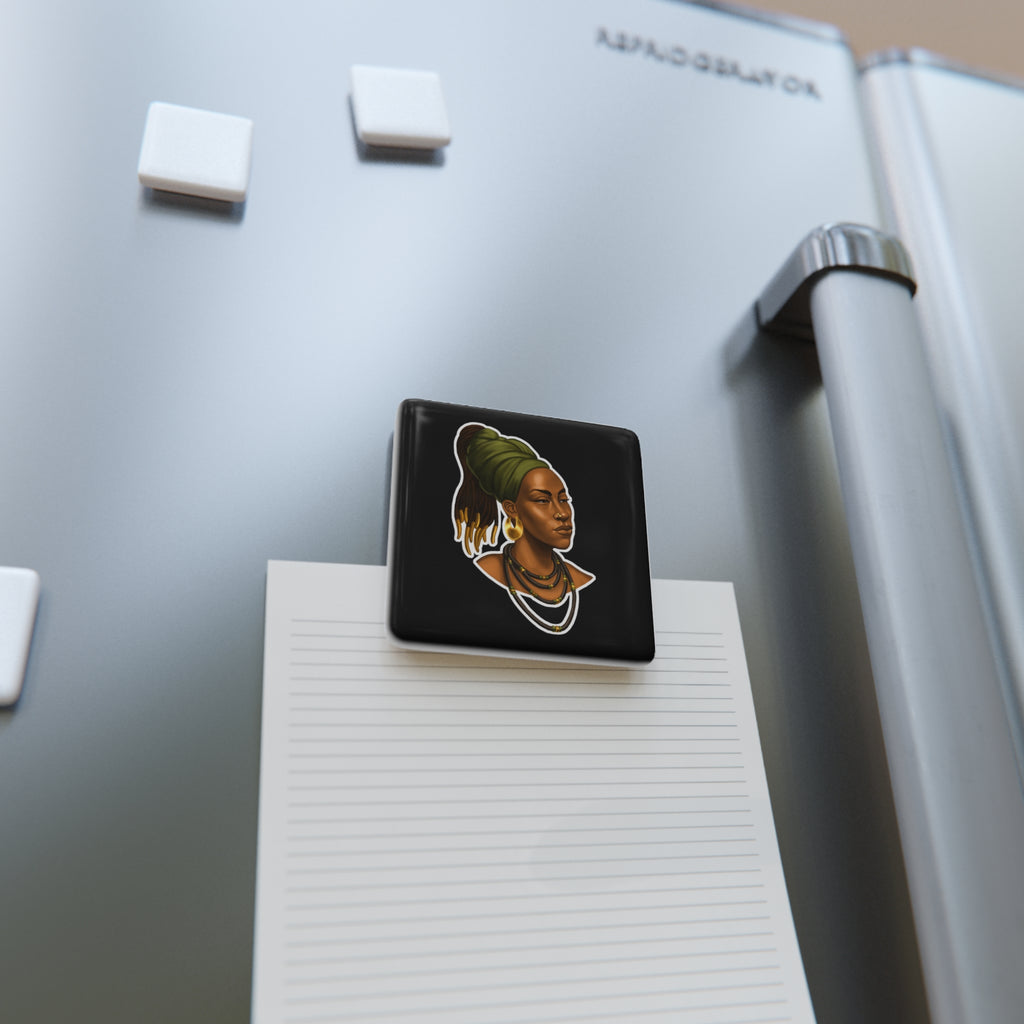 Afrocentric Woman Portrait Porcelain Square Magnet — Black Queen Headwrap Art