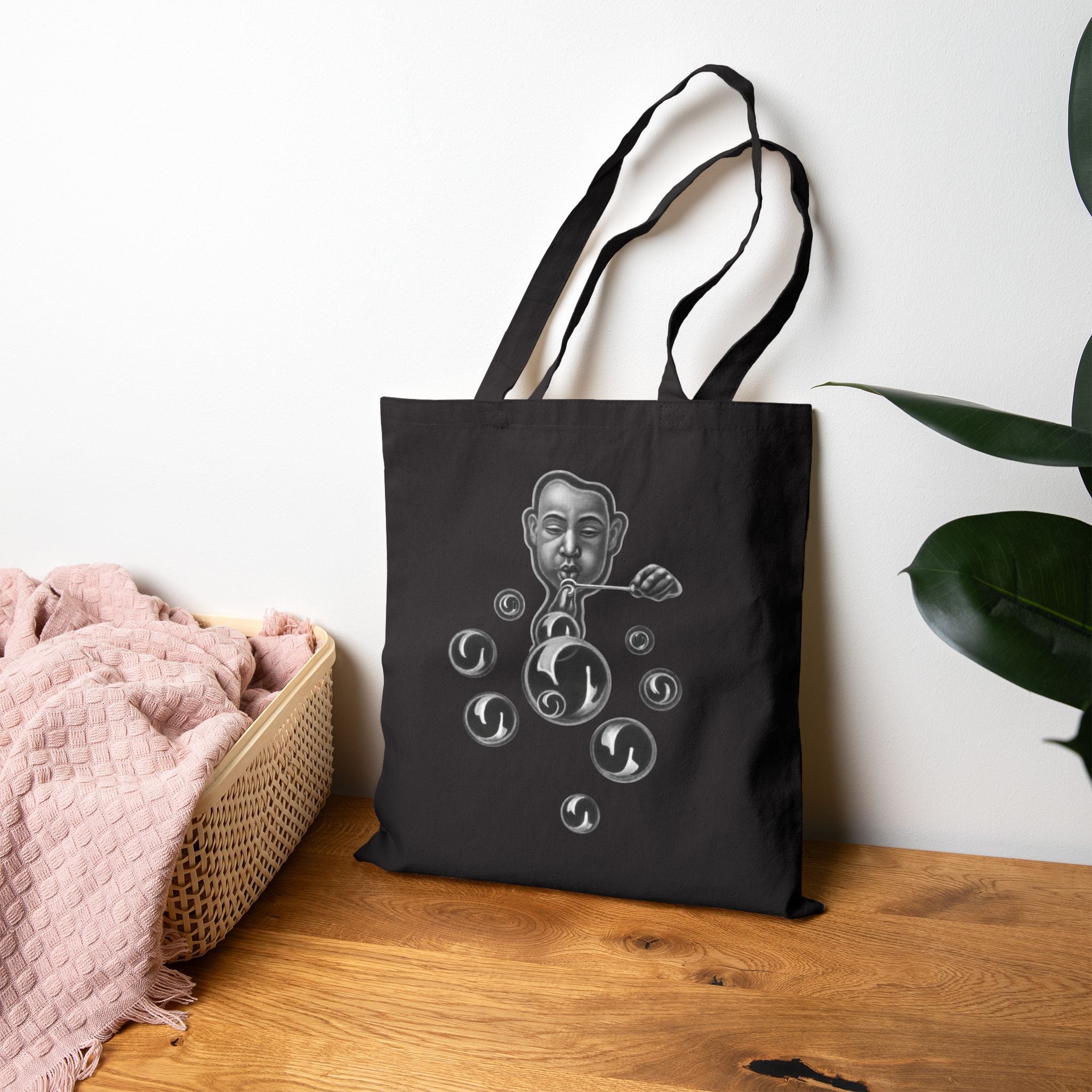 Tote Bag — Surreal Bubble Blower Canvas Tote (Monochrome Art)