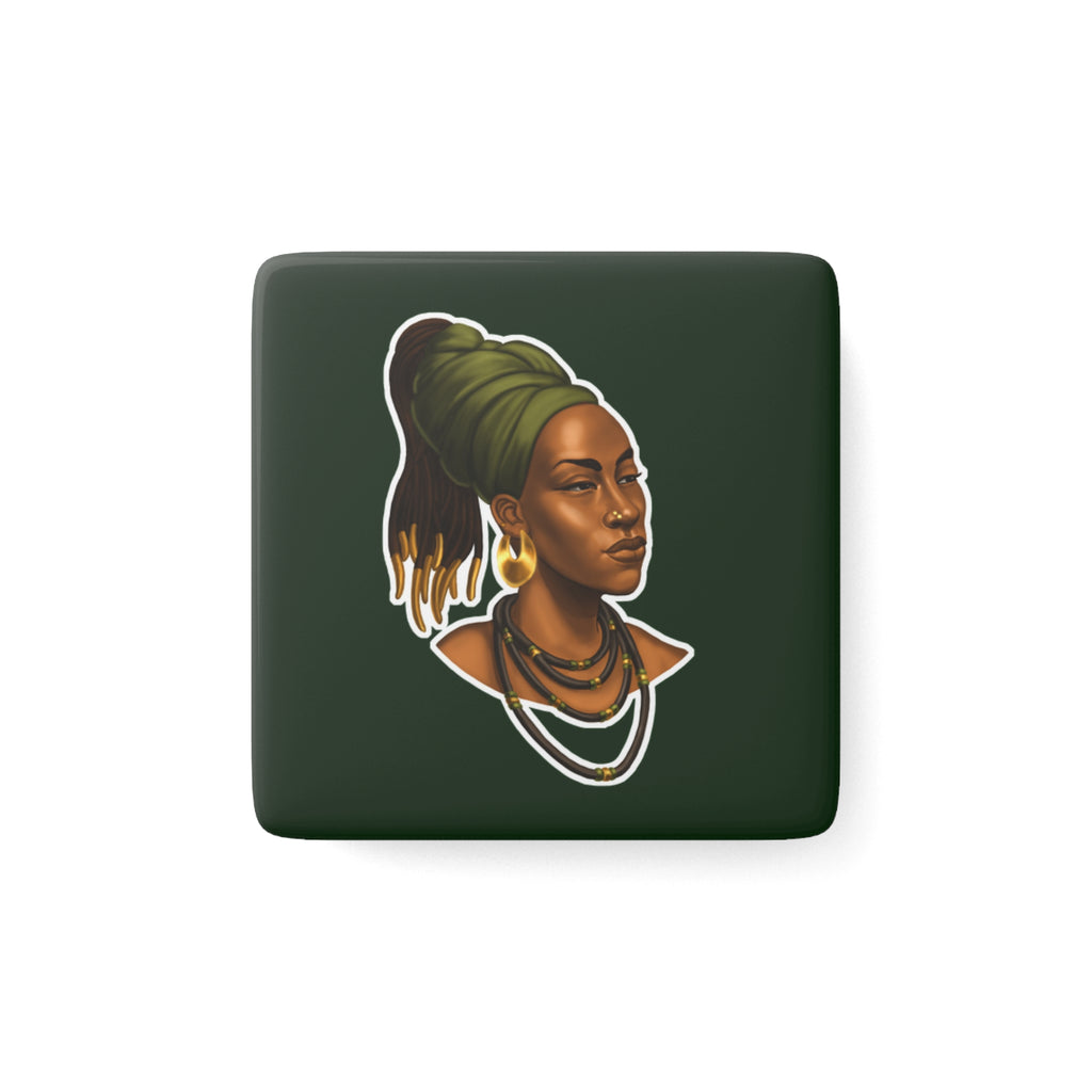 Afrocentric Portrait Porcelain Square Magnet – Regal Woman with Headwrap