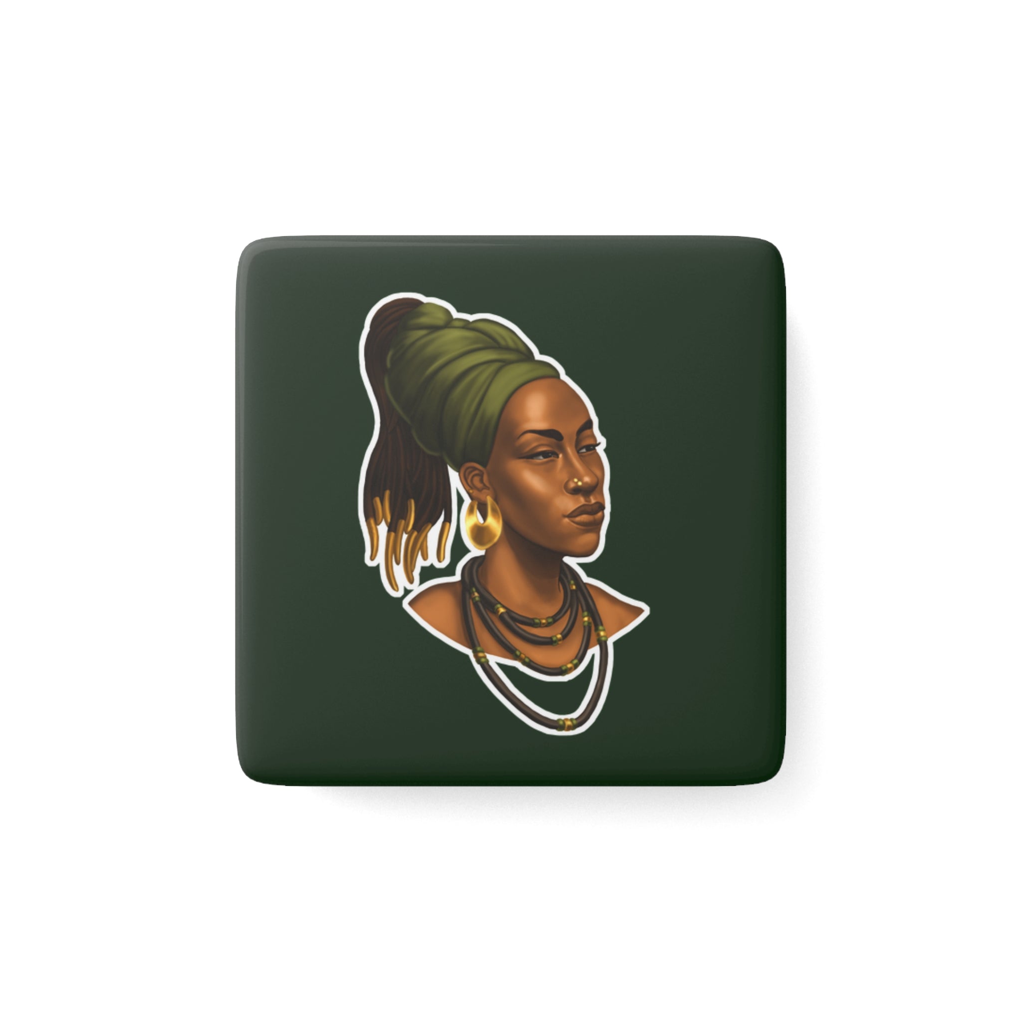 Afrocentric Portrait Porcelain Square Magnet – Regal Woman with Headwrap
