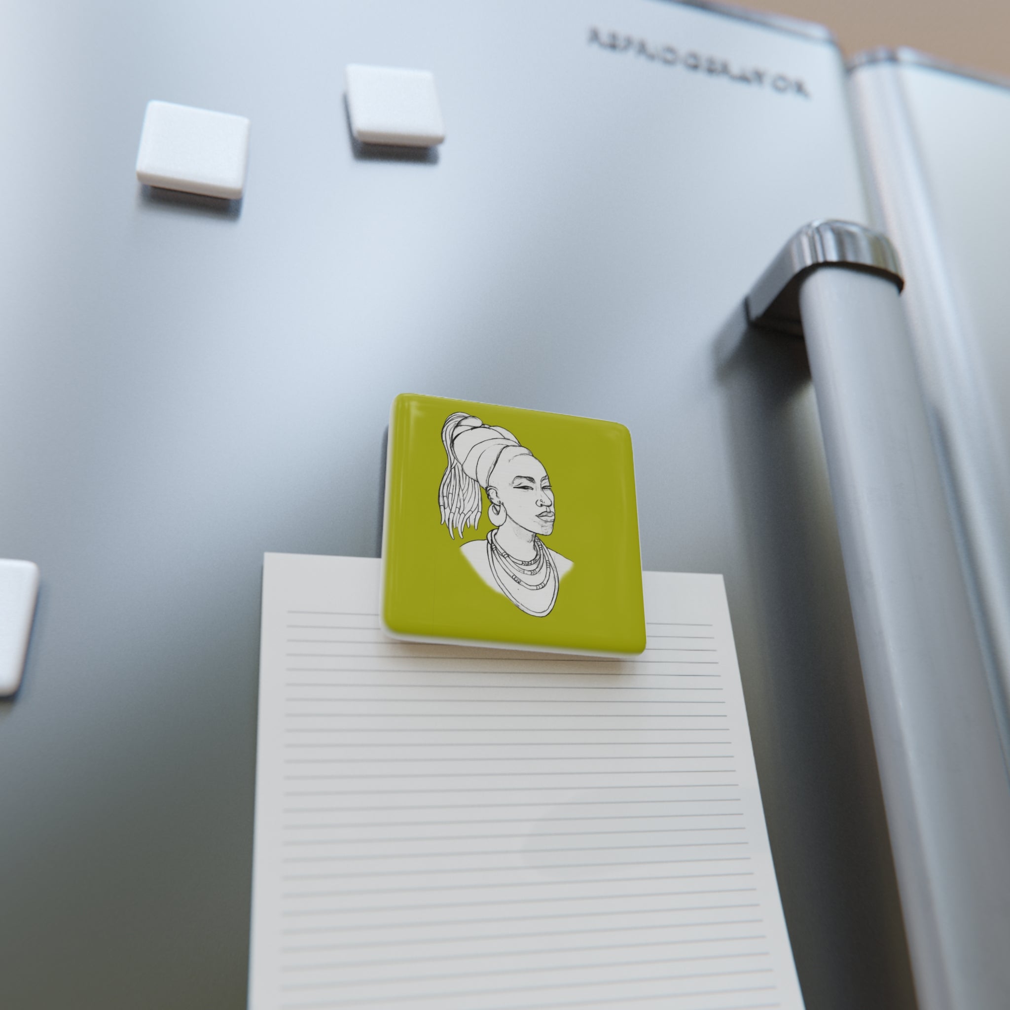 Square Porcelain Magnet — Afrocentric Line Art Portrait on Olive