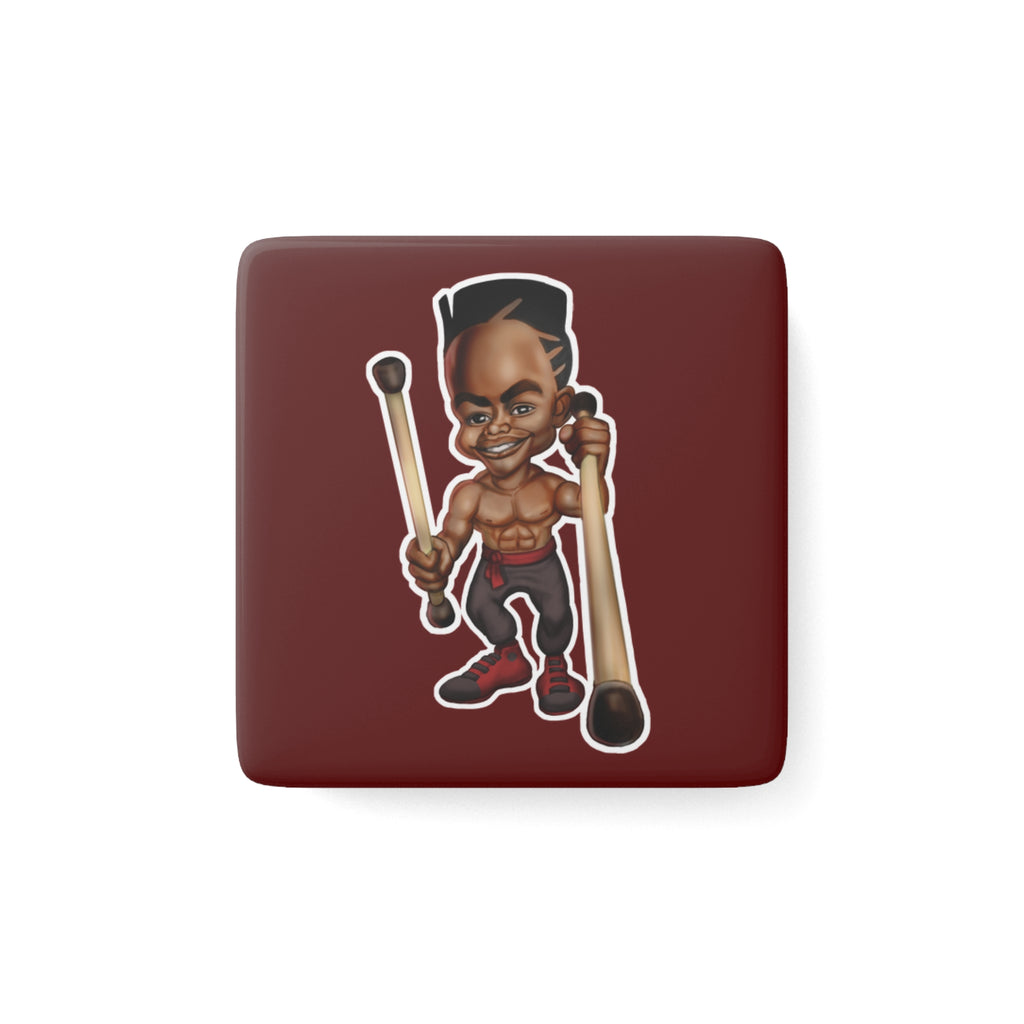 Drumstick Warrior Porcelain Magnet — Funny Drummer Character Square Fridge Magnet