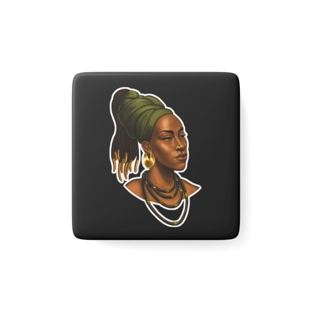 Afrocentric Woman Portrait Porcelain Square Magnet — Black Queen Headwrap Art