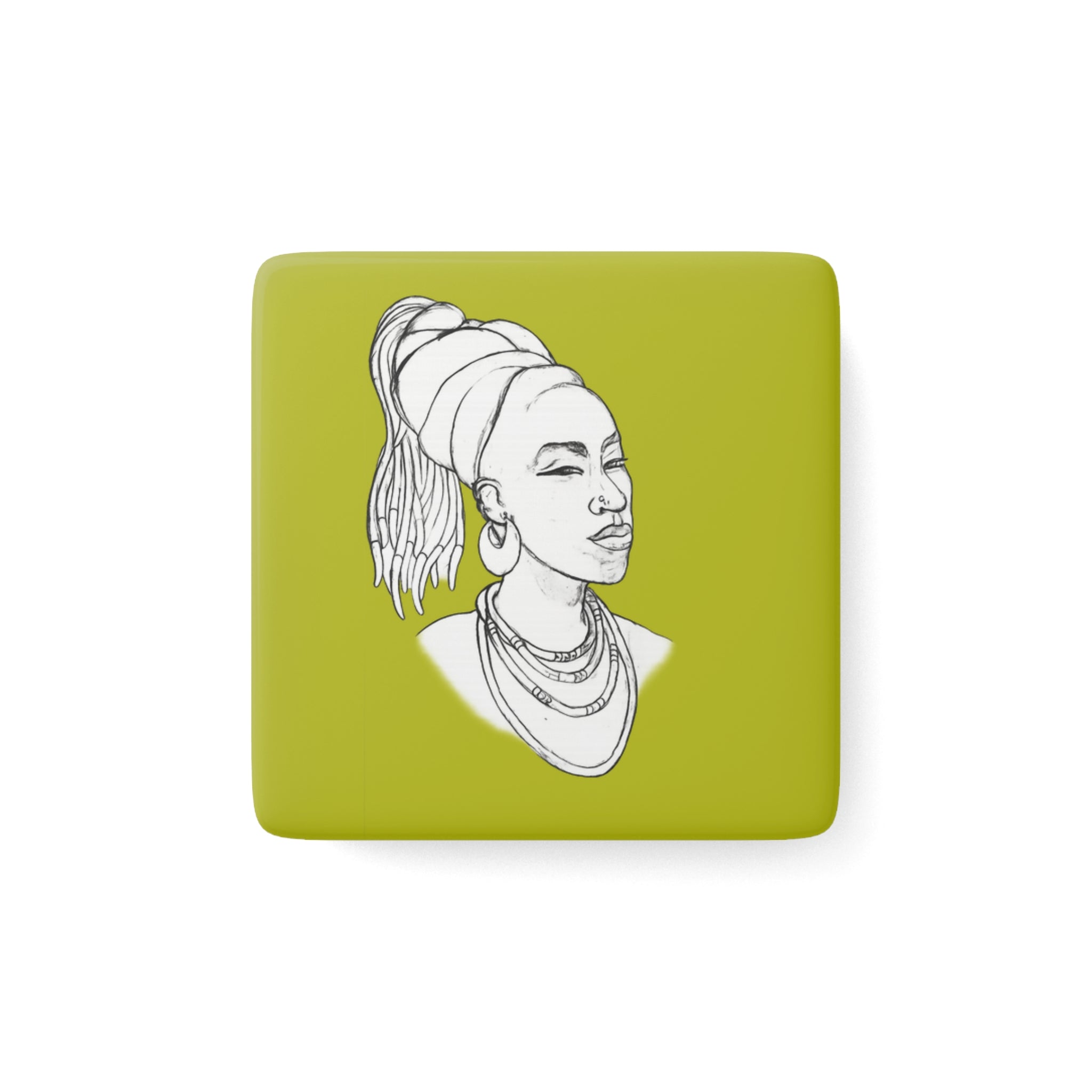 Square Porcelain Magnet — Afrocentric Line Art Portrait on Olive